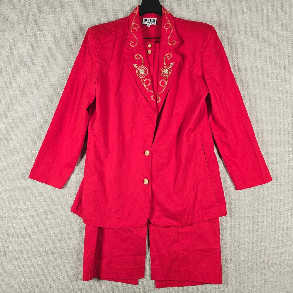 City Girl Sport Vintage Red Gold Embroidery Skirt Suit Set Blazer 14 Skirt 16